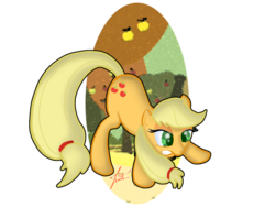 Size: 960x720 | Tagged: safe, artist:zenit007, applejack, g4, apple orchard, crouching, female, glare, gritted teeth, hatless, missing accessory, solo