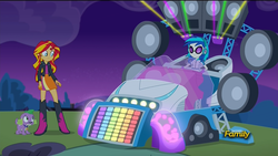 Size: 1920x1080 | Tagged: safe, screencap, dj pon-3, sunset shimmer, vinyl scratch, equestria girls, g4, my little pony equestria girls: rainbow rocks, bassmobile