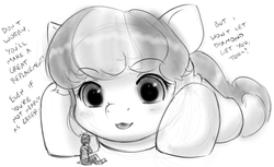 Size: 1008x617 | Tagged: safe, artist:alloyrabbit, button mash, sweetie belle, human, pony, unicorn, g4, dialogue, giant pony, macro, mega sweetie belle, micro, missing horn, monochrome, prone, size difference, sketch