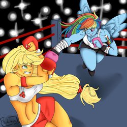 Size: 1024x1024 | Tagged: safe, artist:yaoifreak17, applejack, rainbow dash, human, g4, boxing, boxing gloves, boxing ring, fight, humanized, punch, rainbow punch, superman punch, winged humanization