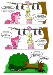 Size: 600x841 | Tagged: safe, artist:foudubulbe, fluttershy, pinkie pie, vampire fruit bat, g4, comic, flutterbat, tree