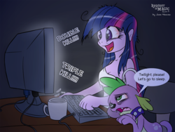 Size: 1400x1050 | Tagged: safe, artist:jcosneverexisted, spike, twilight sparkle, dog, equestria girls, g4, bloodshot eyes, computer, female, gamer girl, gamer twi, gaming, male, messy hair, spike the dog, tired, twilight sparkle (alicorn), video game