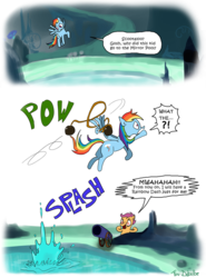 Size: 650x877 | Tagged: safe, artist:foudubulbe, rainbow dash, scootaloo, pony, g4, cannon, cave, cave pool, chain shot, comic, dashabuse, evil laugh, male, mirror pool, pow, scootobsession, trap