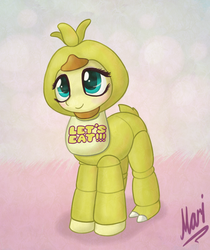 Size: 925x1102 | Tagged: safe, artist:marindashy, fluttershy, g4, chica, chicashy, clothes, costume, cute, female, five nights at freddy's, nightmare night, parody, shyabetes, solo, weapons-grade cute