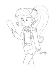 Size: 732x960 | Tagged: safe, artist:carnifex, rarity, equestria girls, g4, alternate hairstyle, blazer, clothes, high ponytail, long hair, monochrome, necklace, outfit, paper, pencil, ponytail, skirt