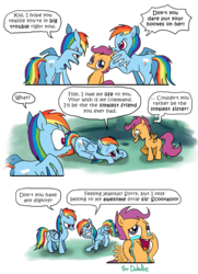 Size: 650x898 | Tagged: safe, artist:foudubulbe, rainbow dash, scootaloo, g4, bowing, clone, comic, crying, ecstasy, excited, mirror pool, prone