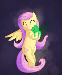 Size: 816x979 | Tagged: safe, artist:dashermkii, fluttershy, pegasus, pony, g4, dark background, eyes closed, female, flying, happy, hug, mare, minecraft, simple background, slime (minecraft)