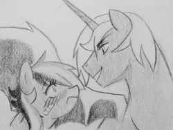 Size: 1600x1204 | Tagged: safe, artist:kianamai, oc, oc only, oc:princess nidra, oc:prism bolt, alicorn, bat pony, bat pony alicorn, pony, kilalaverse, bandaid, bedroom eyes, blushing, eye contact, frown, grayscale, grin, monochrome, next generation, offspring, parent:oc:supernova, parent:princess luna, parent:rainbow dash, parent:soarin', parents:canon x oc, parents:soarindash, pencil drawing, rule 63, smiling, traditional art, wide eyes