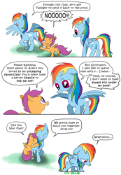 Size: 650x937 | Tagged: safe, artist:foudubulbe, rainbow dash, scootaloo, g4, blushing, clone, comic, hug, mirror pool, rejected, sad