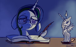 Size: 1024x635 | Tagged: safe, artist:auroriia, princess celestia, g4, book, candle, female, glasses, quill, solo