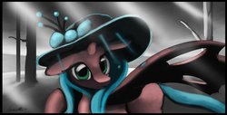 Size: 1255x637 | Tagged: safe, artist:auroriia, queen chrysalis, changeling, changeling queen, g4, female, hat, solo