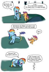 Size: 500x731 | Tagged: safe, artist:foudubulbe, rainbow dash, scootaloo, g4, bad end, clone, comic, kick, mirror pool, rainbow dumb, scootaloo can't fly, this ended in pain, this will end in death, this will end in tears, this will end in tears and/or death