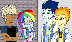 Size: 1444x842 | Tagged: safe, artist:purfectprincessgirl, rainbow dash, soarin', spitfire, equestria girls, g4, female, humanized, male, straight