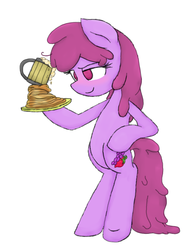 Size: 520x680 | Tagged: safe, artist:twithehedgehog, berry punch, berryshine, earth pony, pony, g4, alcohol, beer, bipedal, blushing, cute, drunk, female, pancakes, pun, simple background, smiling, solo, standing