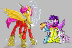 Size: 1191x794 | Tagged: safe, artist:neroscottkennedy, apple bloom, rainbow dash, scootaloo, sweetie belle, twilight sparkle, alicorn, earth pony, pegasus, pony, unicorn, g4, age progression, alicornified, crossover, cutie mark crusaders, dc comics, female, filly, implied transformation, mare, older, older scootaloo, race swap, scootacorn, shazam, this will end in tears and/or death and/or covered in tree sap, twilight sparkle (alicorn)