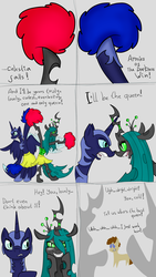 Size: 1152x2048 | Tagged: safe, artist:briarspark, nightmare moon, queen chrysalis, oc, alicorn, changeling, earth pony, pony, g4, cheerleader, cheerleader chrysalis, dilemma, pixiv, self insert