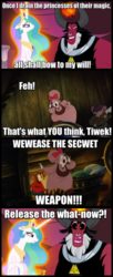 Size: 350x861 | Tagged: safe, screencap, lord tirek, princess celestia, g4, my little pony: friendship is magic, twilight's kingdom, an american tail, comic, don bluth, exploitable meme, fievel mousekewitz, gussie mausheimer, image macro, meme, scorpan's necklace, tirek is doomed, tirek vs everyone meme