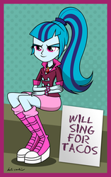 Size: 1024x1627 | Tagged: safe, artist:marelynmanson, sonata dusk, human, equestria girls, g4, my little pony equestria girls: rainbow rocks, female, gem, grin, high ponytail, long hair, mischievous, pony coloring, ponytail, sign, siren gem, sitting, smiling, solo, sonataco, spiked wristband, that girl sure loves tacos, that siren sure does love tacos, will x for y, wristband