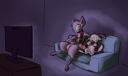 Size: 2981x1785 | Tagged: safe, artist:nobody, oc, oc only, oc:kibble, oc:saffron, diamond dog, clothes, diamond puppy, movie, movie night, renne quest, scared, scarf