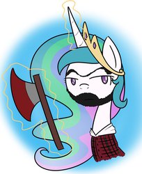 Size: 807x989 | Tagged: safe, artist:cuttycommando, princess celestia, g4, axe, beard, lumberjack, magic, rule 63, solo