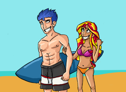 Size: 1366x1000 | Tagged: safe, artist:mcwhale4, flash sentry, sunset shimmer, human, g4, beach, belly button, bikini, clothes, duo, female, humanized, male, ship:flashimmer, shipping, straight, swimsuit, topless