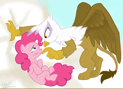 Size: 1708x1238 | Tagged: safe, artist:beutelwolf, gilda, pinkie pie, griffon, g4