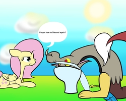 Size: 5000x4000 | Tagged: safe, artist:suenden-hund, discord, fluttershy, g4, but why, duo, toilet