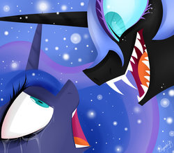 Size: 1024x904 | Tagged: safe, artist:dragonfoxgirl, nightmare moon, princess luna, pony, g4, crying, dr jekyll and mr hyde, duality, duo