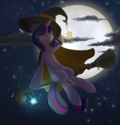 Size: 2560x2656 | Tagged: safe, artist:pezzhippo, twilight sparkle, unicorn, broom, cape, clothes, cloud, cloudy, female, flying, flying broomstick, full moon, halloween, hat, looking at you, moon, night, night sky, open mouth, sitting, solo, stars, unicorn twilight, witch, witch hat