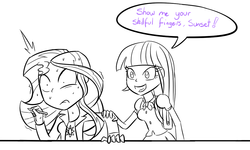 Size: 1000x600 | Tagged: safe, artist:spacekingofspace, sunset shimmer, twilight sparkle, equestria girls, g4, accidental innuendo, cringing, dialogue, double entendre, duo, duo female, female, fingers, implying, innuendo, not dirty, open mouth, pen, smiling, speech bubble, sweat, twilight sparkle (alicorn)