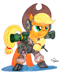 Size: 845x1024 | Tagged: safe, artist:buckweiser, applejack, g4, ar-15, at4, female, gun, military, rifle, rocket launcher, solo, weapon