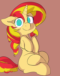 Size: 853x1075 | Tagged: safe, artist:yoditax, sunset shimmer, pony, unicorn, g4, blank flank, cute, female, looking at you, shimmerbetes, sitting, smiling, solo, when she smiles