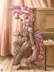 Size: 2238x2991 | Tagged: safe, artist:mrs1989, pinkie pie, earth pony, semi-anthro, g4, bipedal leaning, clothes, costume, female, fishnet stockings, high res, musical instrument, piano, puffy sleeves, saloon dress, saloon pinkie, solo