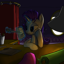 Size: 3000x3000 | Tagged: safe, artist:nadnerbd, rarity, pony, unicorn, g4, brush, desk, fabric, female, high res, lidded eyes, mare, solo