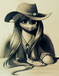 Size: 1603x2046 | Tagged: safe, artist:katputze, fluttershy, pegasus, pony, g4, bracelet, cowboy hat, cute, featured image, female, floppy ears, fluffy, grin, hat, jewelry, looking at you, monochrome, necklace, portrait, sepia, simple background, smiling, solo, stetson, traditional art