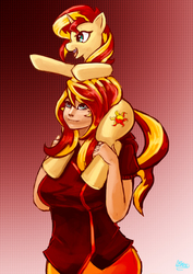 Size: 2554x3600 | Tagged: safe, artist:checkerboardazn, sunset shimmer, human, pony, unicorn, g4, female, high res, human ponidox, humanized, piggyback ride, ponies riding humans, riding, self ponidox, self riding, solo