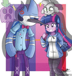 Size: 834x881 | Tagged: safe, artist:the-butch-x, spike, twilight sparkle, dog, ghost, equestria girls, g4, cross-popping veins, crossover, cutie mark on clothes, hi-five ghost, hilarious in hindsight, male, mordecai, regular show, spike the dog, sweatdrop