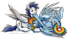 Size: 858x471 | Tagged: safe, artist:kenket, rainbow dash, soarin', g4, female, hoofbump, large wings, male, messy mane, on back, prone, ship:soarindash, shipping, spread wings, straight, tongue out, underhoof