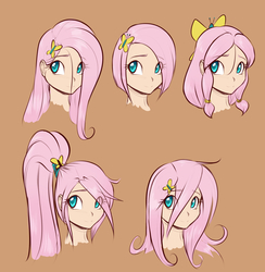 Size: 1251x1280 | Tagged: safe, artist:scorpdk, fluttershy, butterfly, human, g4, alternate hairstyle, bust, cute, eye clipping through hair, female, hairpin, humanized, looking at you, messy mane, ponytail, portrait, short hair, shyabetes, smiling, solo