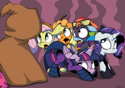 Size: 900x636 | Tagged: dead source, safe, artist:mistydash, applejack, fluttershy, mare do well, pinkie pie, rainbow dash, rarity, twilight sparkle, alicorn, pony, g4, clothes, costume, female, goggles, mane six, mare, open mouth, scared, shadowbolt dash, shadowbolts, shadowbolts costume, shocked, twilight sparkle (alicorn)