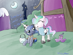 Size: 1200x900 | Tagged: safe, artist:feather, bubbles (g1), princess celestia, princess luna, g4, cewestia, clothes, costume, cute, eyes closed, filly, foreshadowing, moon, night, nightmare night, open mouth, silly, sitting, smiling, the powerpuff girls, woona