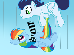 Size: 1024x768 | Tagged: safe, artist:rulette, rainbow dash, soarin', g4, blank flank, clothes, falling, female, male, scarf, ship:soarindash, shipping, straight