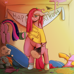 Size: 1000x1000 | Tagged: dead source, safe, artist:arnachy, pinkie pie, rainbow dash, twilight sparkle, pony, g4, aftermath, alcohol, balloon, balloon popping, bipedal, butt, buttstuck, clothes, confetti, drool, duster, featureless crotch, female, hair over one eye, hangover, mug, party, party balloon, pinkamena diane pie, plot, shirt, sleeping, streamers, stuck, twibutt