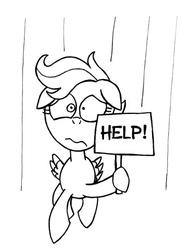 Size: 485x636 | Tagged: safe, artist:samueleallen, scootaloo, g4, female, lineart, monochrome, road runner, scootaloo can't fly, sign, solo, wile e coyote