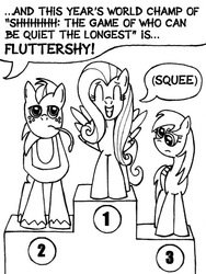 Size: 531x706 | Tagged: safe, artist:samueleallen, big macintosh, derpy hooves, fluttershy, earth pony, pony, g4, lineart, male, monochrome, podium, stallion, world champ