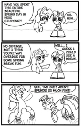 Size: 413x640 | Tagged: safe, artist:samueleallen, pinkie pie, twilight sparkle, g4, comic, lineart, monochrome, pun, spring, spring break