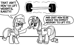 Size: 720x441 | Tagged: safe, artist:samueleallen, applejack, rarity, earth pony, pony, unicorn, g4, exercise, lineart, magic, monochrome, weight lifting, weights