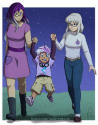 Size: 1121x1419 | Tagged: safe, artist:hazurasinner, oc, oc only, oc:aegis steadfast, oc:lightning rod, oc:stormy sky, human, boots, glasses, goggles, humanized, magical lesbian spawn, offspring, parent:oc:aegis steadfast, parent:oc:stormy sky, parents:oc x oc, shoes, wellington boots