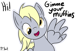 Size: 3000x2000 | Tagged: safe, artist:dappercat-uk, derpy hooves, pegasus, pony, g4, female, high res, mare, muffin, open mouth, smiling, solo, spread wings, wing hands