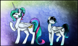 Size: 1000x600 | Tagged: safe, artist:dragonfruitdarigan, princess celestia, oc, oc:aeron noctourne, alicorn, pony, g4